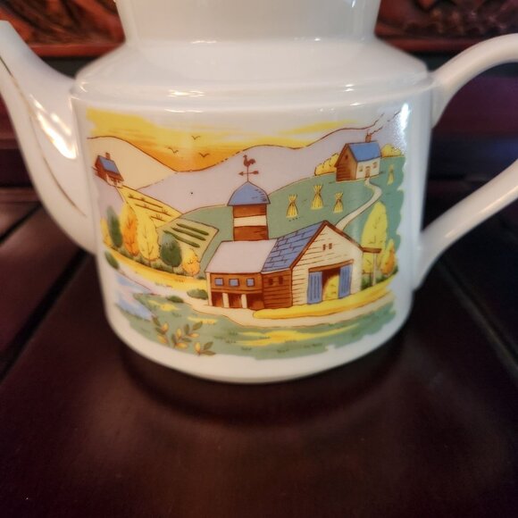 Rare Find Vintage Hand Painted Ceramic Teapot Countryside Theme Farmhouse - Picture 2 of 13